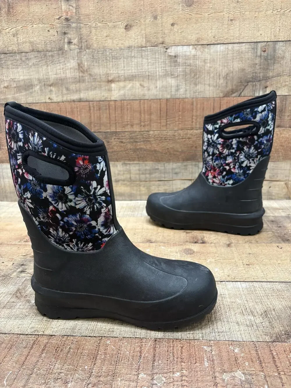 Bogs Snow Boots Kids Size 6 39 Black Floral Rubber Waterproof Pull On Winter